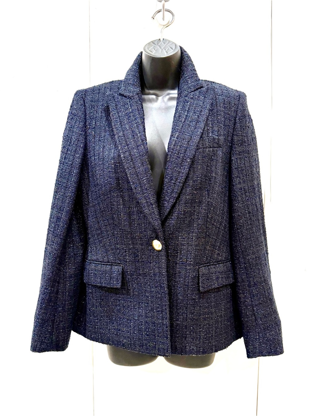 Escada Black-Navy metallic thread Tweed Single-Button Blazer